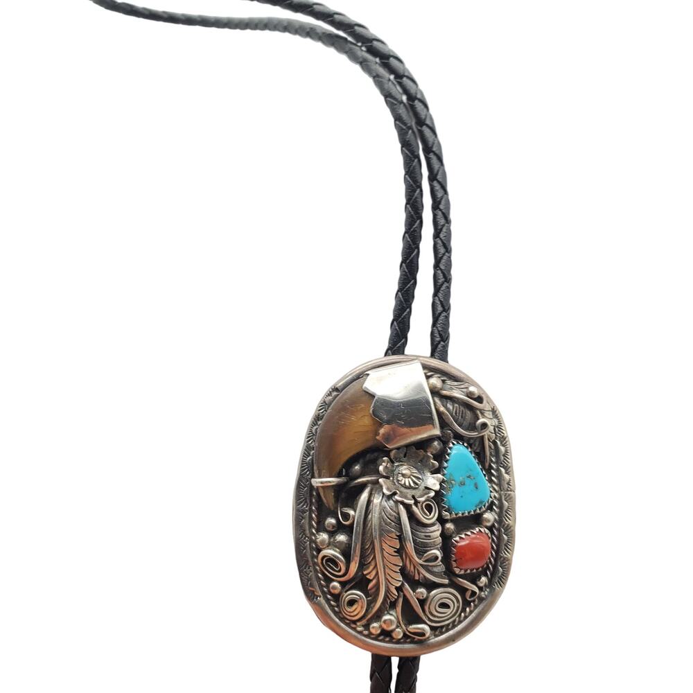 Navajo Sterling Silver Bolo Tie Turquoise Coral Native American Verdy Jake SW - Picture 11 of 13